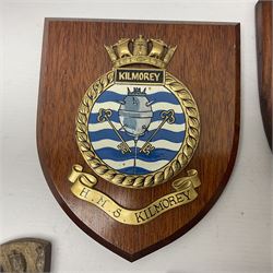 Six Naval wall shields, including HMS President, Vanguard, HMS Kilmorey etc, and another plaque 