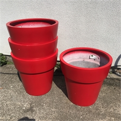 Set four large red tapering poly stackable plant pots, D50cm, H49cm