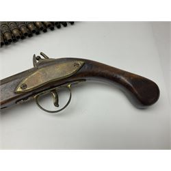 Leather covered swagger/sword stick with 40cm steel blade L62cm overall; another ash sword stick with 30cm diamond section steel blade; pair of fencing foils, the blades marked Solingen; two reproduction flintlock pistols; and 92cm inert cartridge belt (7)