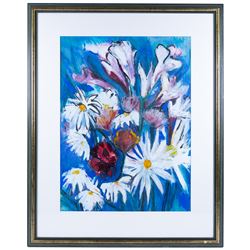 Clodagh McGuinness (Irish Contemporary): Still Life of Flowers, three large mixed media works variously signed, two 70cm x 52cm, smaller example 54cm x 40cm (3)