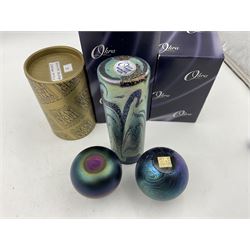 Okra Merlins Web oval vase, together with Okra perfume bottle and Isle of Wight perfume  bottle, both decorated with blue iridescent decoration, vase H16cm, all in original boxes, from Richard P Golding Studio 