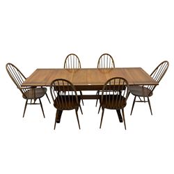 Ercol - medium elm drawer leaf extending dining table, and six stick back chairs