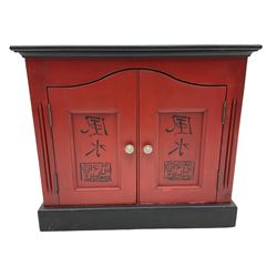 Painted Oriental cabinet and two lamp tables with drawer (3)
