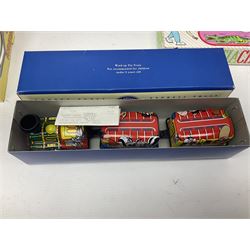 Twenty six tinplate models to include Ferris Wheel and Performing Circus Elephant, marked JW, further similar examples such as Duck on a Bike, Clown on Roller, Carousel; Popeye Tin Speedboat; Looney Tunes Wind Up Cars and Express Train; various international examples, MS107 Jumping Bambi, Pop Pop Boat, jumping frogs, pecking chickens etc; both boxed and loose