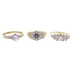 Three 9ct gold cubic zirconia cluster rings