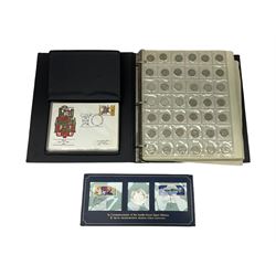 Mostly Great British coins, including pre 1947 silver sixpences, shillings, florins, and halfcrowns, including 1930 halfcrown, other pre-decimal coinage, sterling silver commemorative medallion and a small number of first day covers