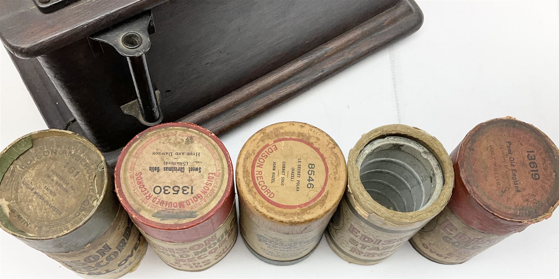 Edison Standard Phonograph with oak base (no cover), the reproducer marked 'Model C', serial no. 634857, last patent date Oct.1905, with black japanned conical horn L33cm; together with five cylinders