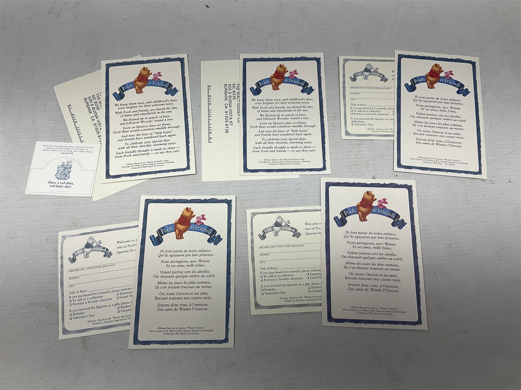 Collection of eight Disney Pooh and Friends figures, comprising Hip, hip Poohray for birthdays, Tricks and treats for someone sweet, We'll share forever whatever the weather, Thanks for being a Caring Sort of Bear, Now it's perfect just like you, Have a red-shirt red letter day, Life is sweet and I love you Mama, all with boxes