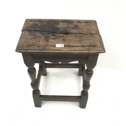 18th/19th century oak coffin stool, carved and shaped rails, outsplayed baluster supports joined by stretchers, W43cm, H58cm, D34cm