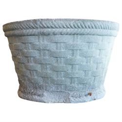 Cast stone basket weave rectangular planter, together with two circular stone planters with basket and rope design 