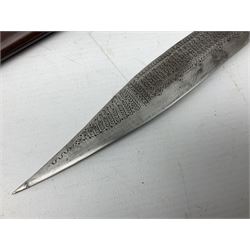 Indian dagger, the 22cm steel blade with punched decoration and antler handle, in metal bound pierced hardwood scabbard with belt clip L41.5cm overall
