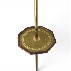 20th century floor to ceiling two branch standard lamp, with spring loaded ceiling mount, brass column, with octagonal moulded rim, green leather inset tooled 