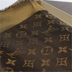 Louis Vuitton – a monogram silk and wool blend shawl in brown and gold, with fringe, 140cm x 140cm, unused with original box