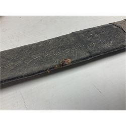 Omani presentation sword kattara, with 77cm  broad slightly curved single edge blade with two fullers, leather bound hilt woven with silver wire decoration and iron pommel;  in tooled leather scabbard with chased silver mounts and presentation plaque 'To Capt. D.M. Naylor From C Company NFR Oman Dec 1962' (Northern Frontier Regiment) L99cm overall