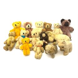 Fifteen small English and European teddy bears and animals, 1950s-70s, including two with open mouths and one with Gruss Aus Berlin sash etc (15)