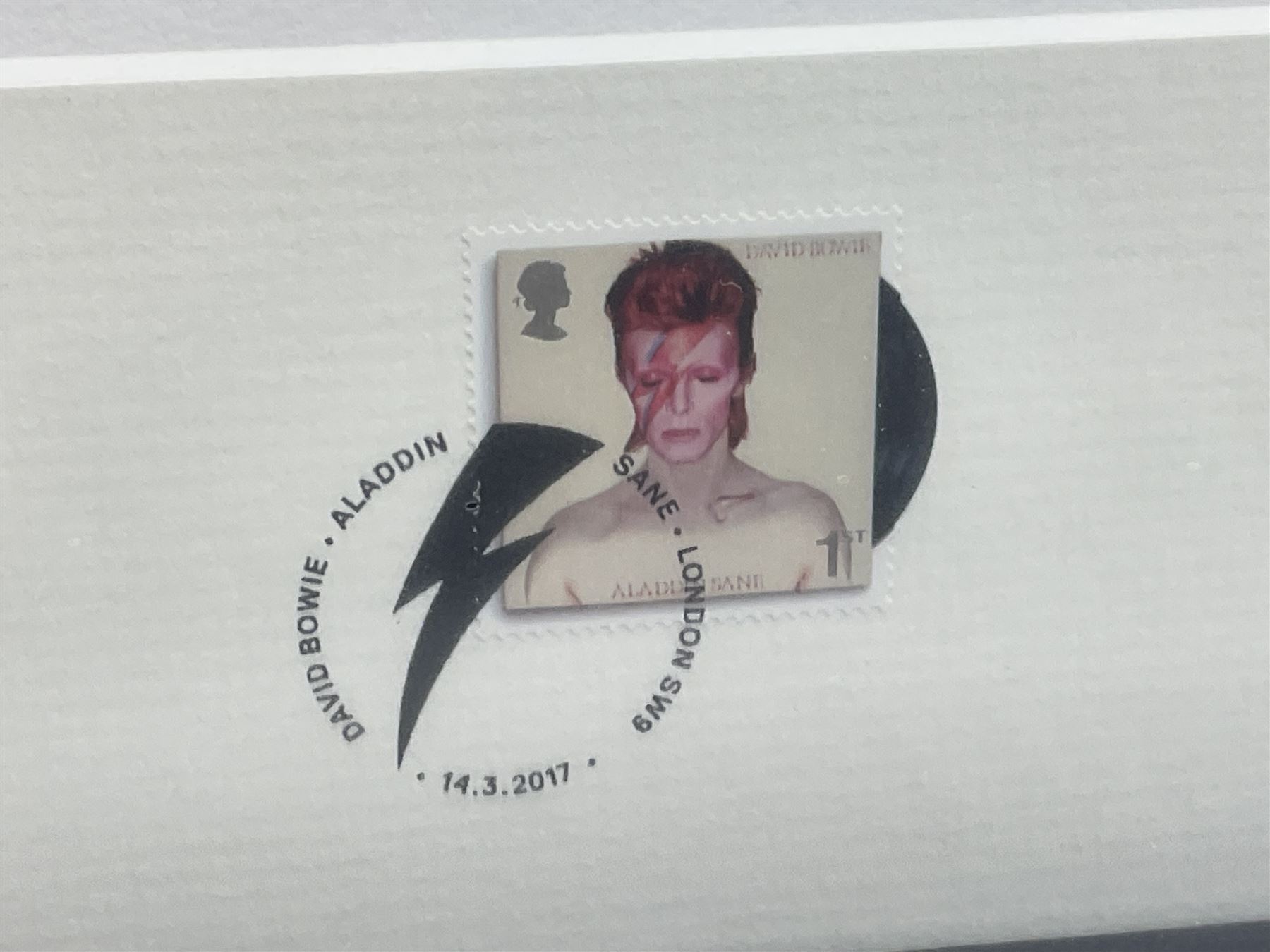 Set of three Royal Mail David Bowie limited edition album stamp prints, comprising Aladdin Sane, Blackstar and Earthling, all framed and in original packaging, H43cm W43cm