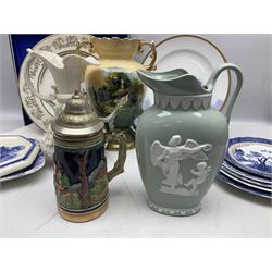 Collection of ceramics and silver plate to include four small shakers marked 'Viking Sterling', Belleek ewer, Ridgway, Royal Doulton, Booths Willow pattern, Peter Rabbit Wedgwood, Aynsley etc