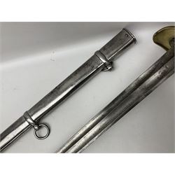 Early 19c French Model 1816 Heavy Cavalry trooper's sword, the 95.5cm double fullered blade with various stamped marks including CM, four-bar brass hilt with wire-bound leather grip, knucklebow with various stamped marks including no.139; in similarly numbered polished steel scabbard with two suspension rings L117cm overall