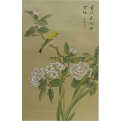  Cranes, oriental embroidered silk panel, Bird on a Blossom Tree, oriental painted silk panel and one other embroidered panel max 65cm x 34cm (3)  