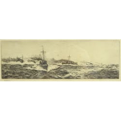 William Lionel Wyllie (British 1851-1931): 'Destroyers at Speed in Escort Duty', drypoint etching signed in pencil 12cm x 34cm