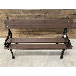 20th century tree cast iron and timber slatted garden bench, black painted frame with stained wood