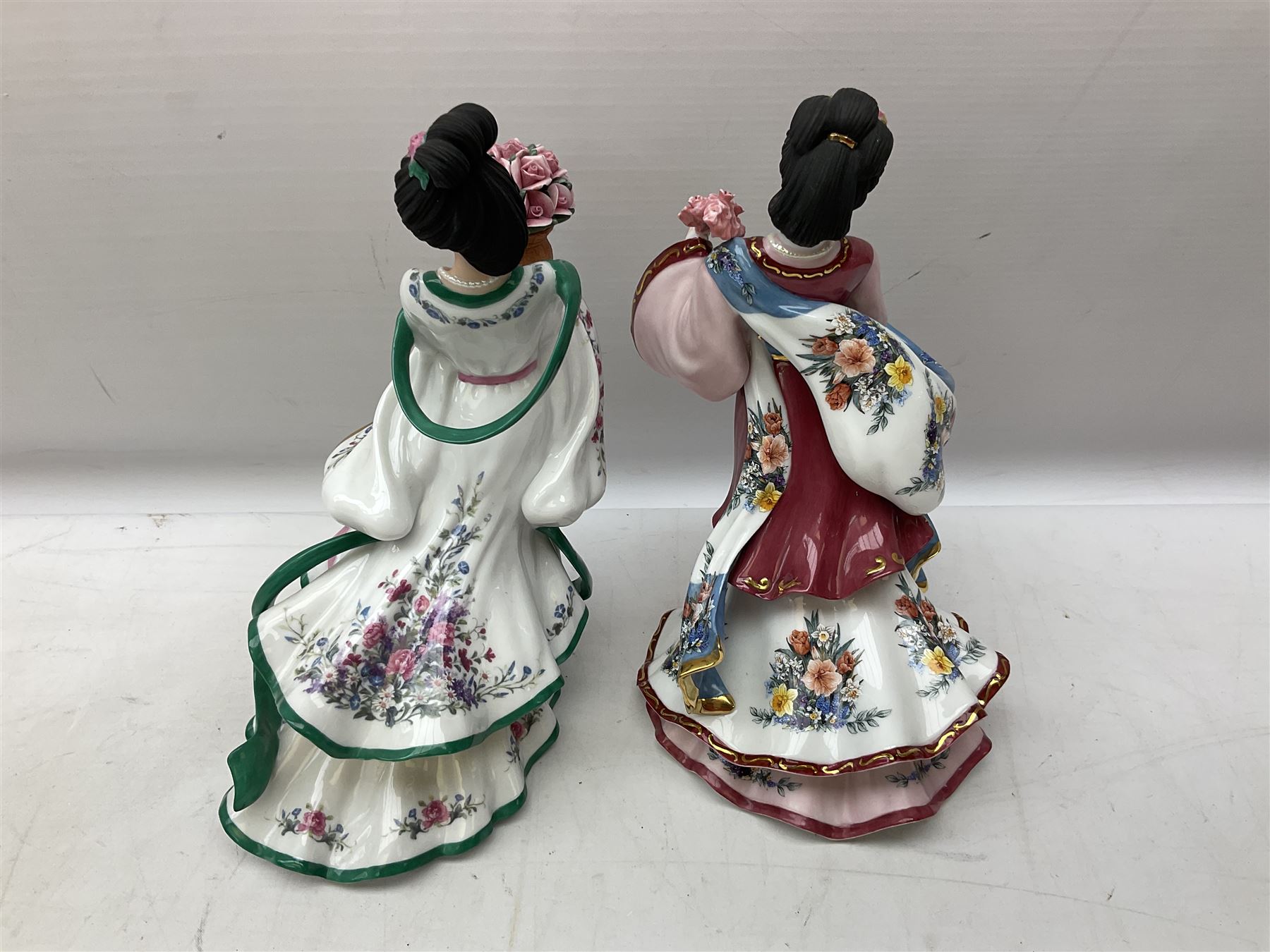 Five Danbury Mint Princess figures by Lena Liu, comprising Harp Princess, Plum Blossom Princess, Chrysanthemum Princess, Rose Princess and Iris Princess, one with certificate, all with marks beneath