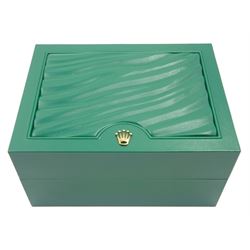 Rolex Oyster Perpetual Date Submariner 'Kermit' gentleman's stainless steel automatic wristwatch, circa 2005, model No 16610LV, serial No. D079091, 60 minute rotating green bezel, on Rolex Oyster stainless steel bracelet, with fold-over clasp, boxed with service guarantee dated 2014