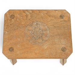Judith Pearson - contemporary Yorkshire oak stool, rectangular chamfered top with adzed surface, centered by a carved Tudor rose, raised on square chamfered out swept legs 