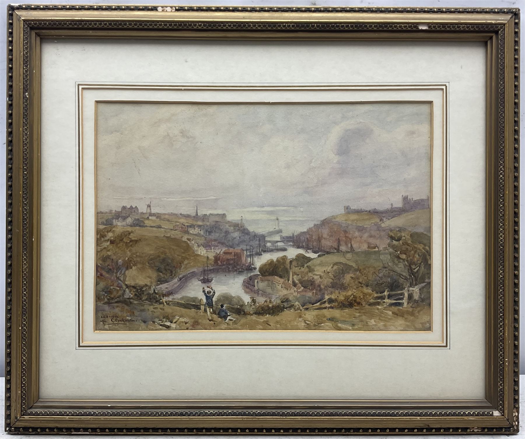 Albert George Stevens (Staithes Group 1863-1925): Overlooking Whitehall and the Upper Harbour Whitby, watercolour signed 24cm x 35cm
Notes: this is signed 'A G Stevens after G Cockburn' and is very similar to a watercolour sold in these rooms 15th September 2017, Lot 149 by Edwin Cockburn (British c1814-1873) who lived in Sleights, taught in Whitby and produced many lithographs of Whitby