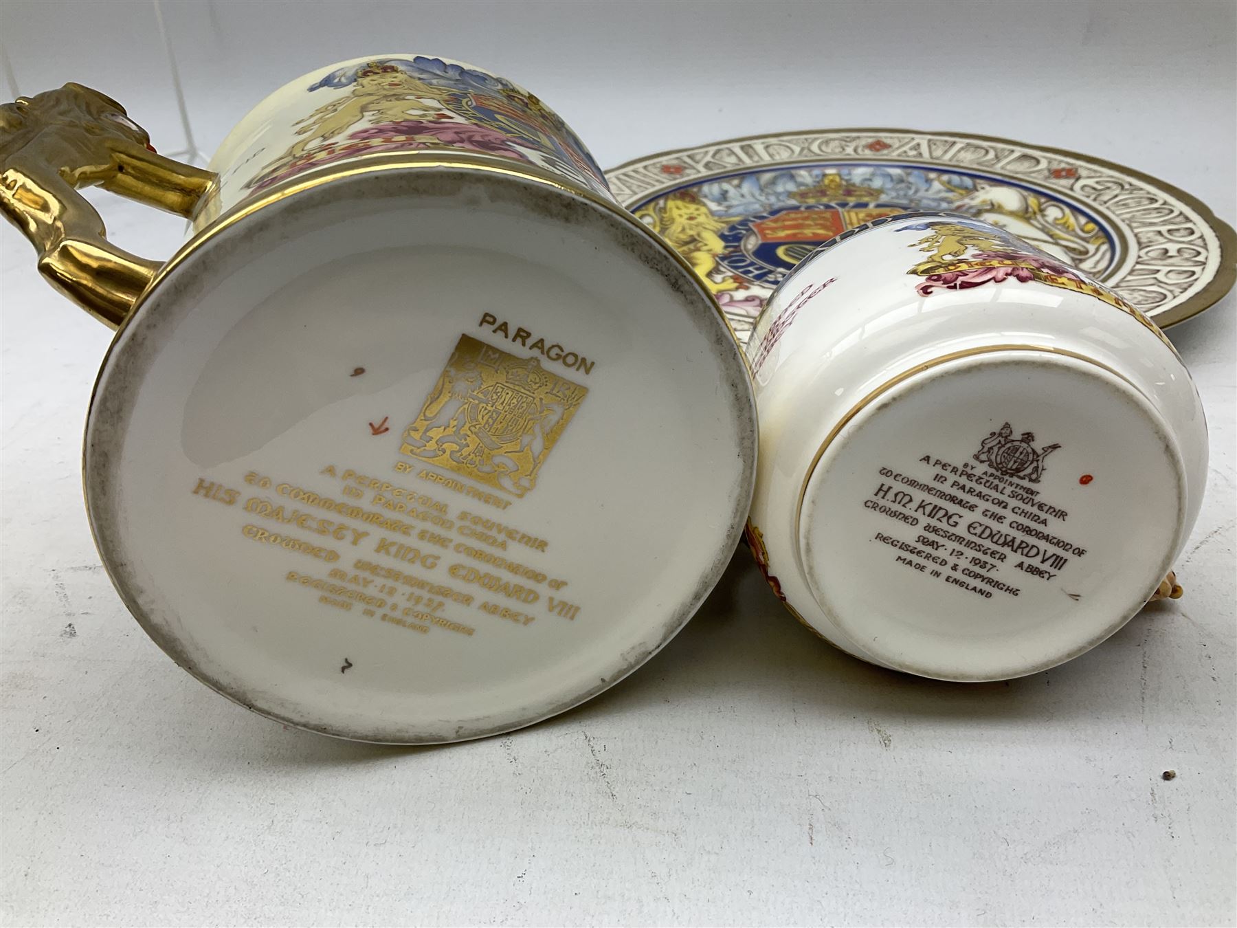 Paragon Edward VIII Coronation commemorative ware to include twin handled loving cup, H10.5cm, cup and plate, all with printed marks beneath (3)