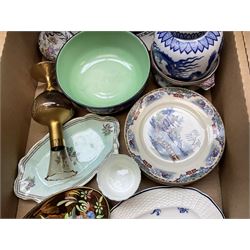 Quantity of ceramics and glassware to include Royal Doulton ‘The Admiral’ plate, amber glass vase, plates, vases etc and a quantity of oriental figures etc  in two boxes