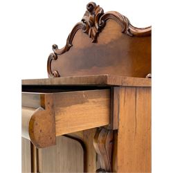 Victorian mahogany chiffonier side cabinet, raised shaped back with carved cartouche, single drawer over double cupboard, plinth base