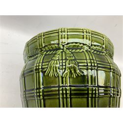 Three jardinières comprising West German Gerz example decorated in relief, Doulton Slaters example with frilled everted rim and a majolica example, and a further two Arthur Wood majolica jugs (5)