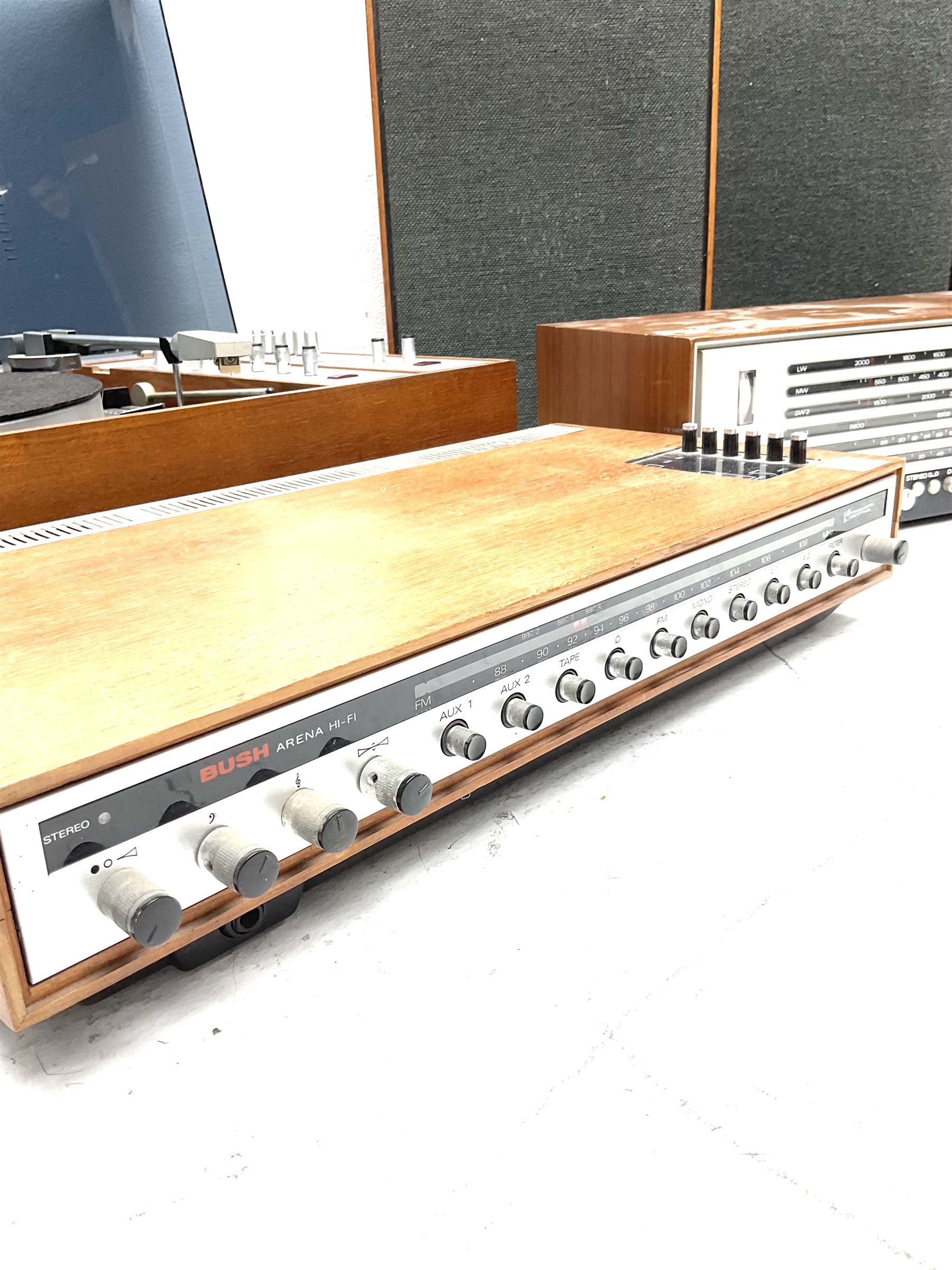 BUSH 'Arena' stereo system, in teak casing - two speakers, radio receiver TA2800, tuner amp TA2700, turntable with amp and tuner RTA 2000 - all untested