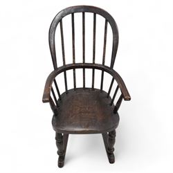 19th century child's Windsor rocking chair, double hoop and stick back, dish seat on turned supports united by rockers 