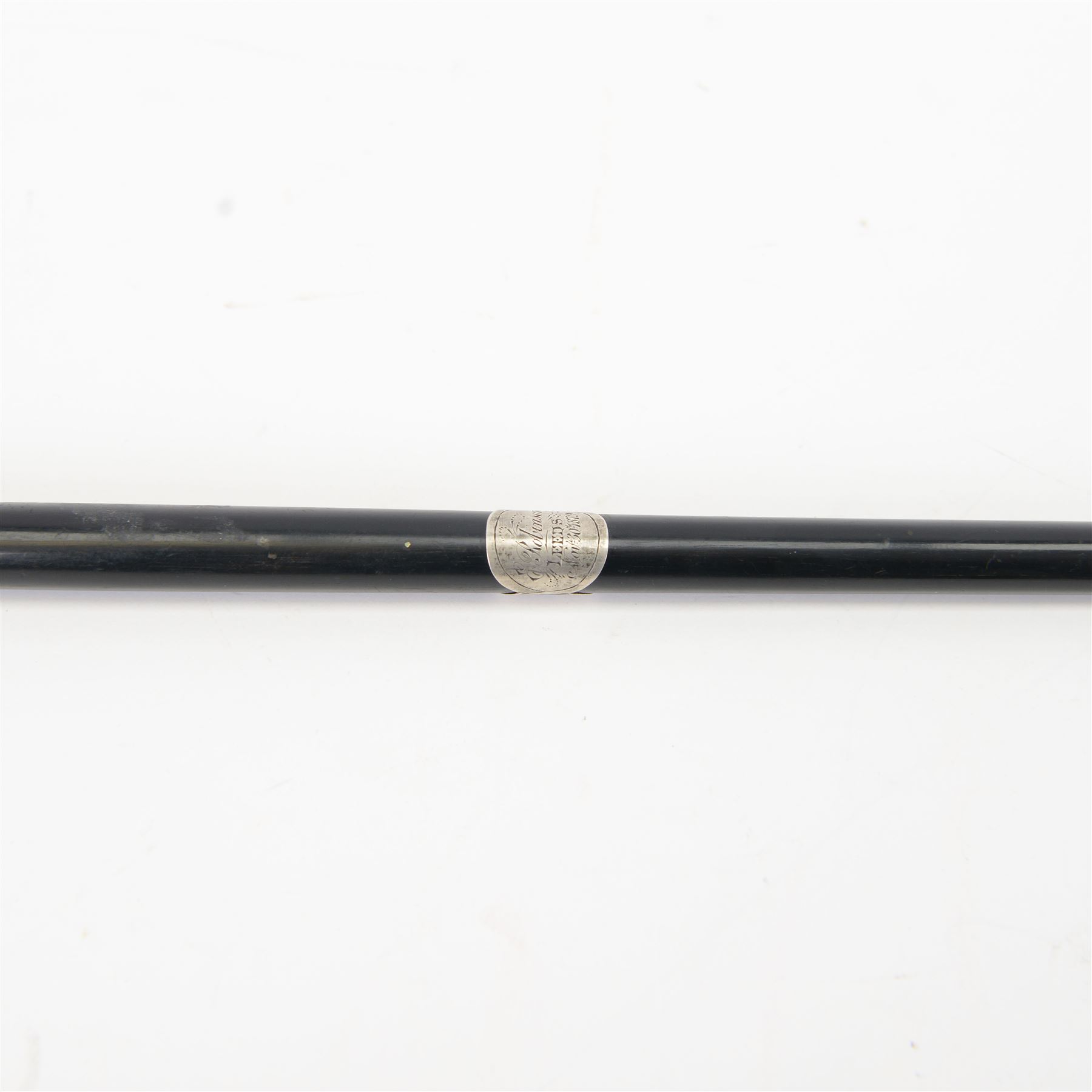 Victorian ebonised wooden conductors baton, with silver caps and collar, the silver collar engraved E. Robinson 30th Nov 1879, L51cm