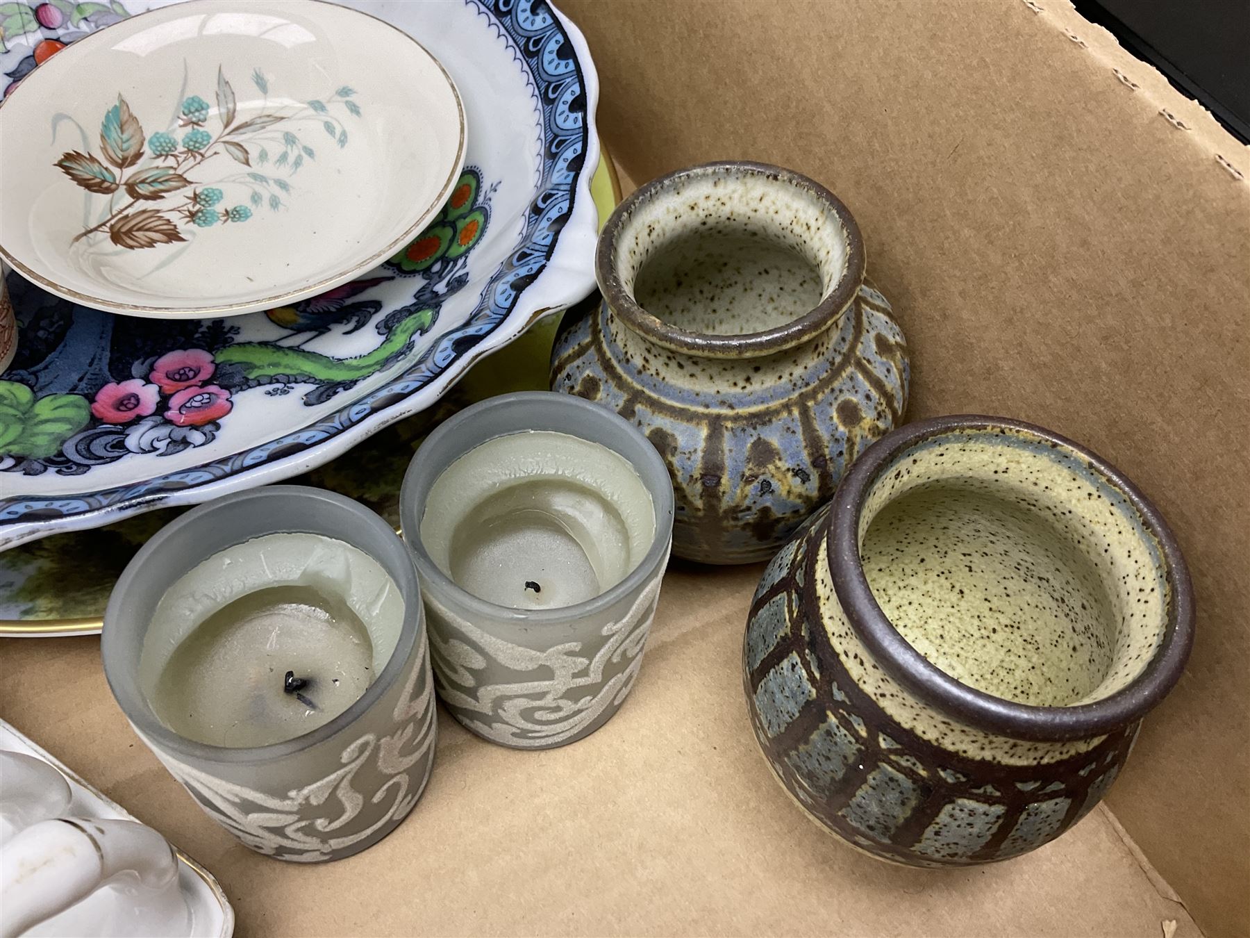 Collection of ceramics to include Bretby jardinière, Royal Worcester, Palissy, Royal Doulton Dickens Ware, Carlton ware, 19th century small dish painted with roses and foliate decoration, lustre, Poole etc in two boxes