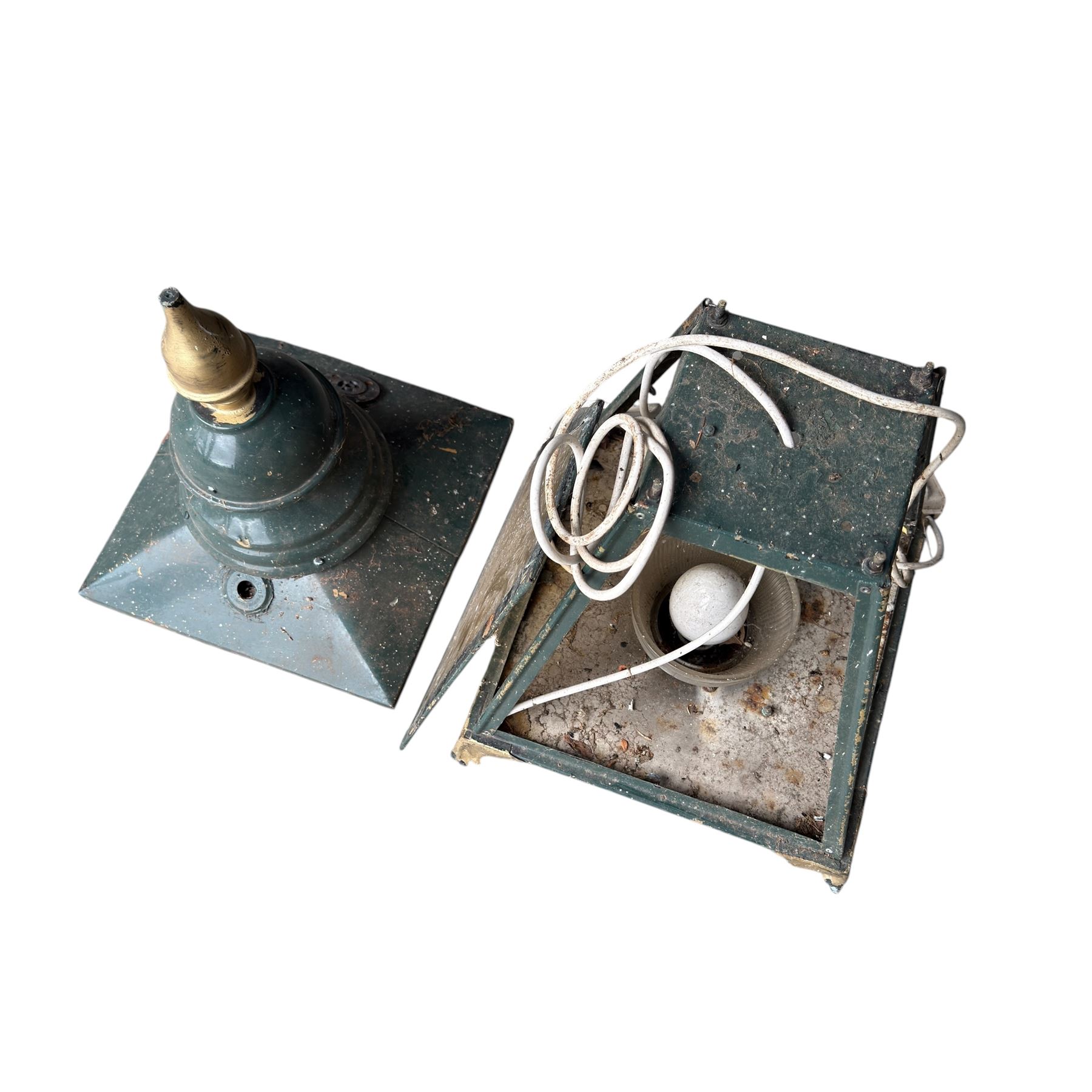  Terracotta chimney pot along with green painted outdoor lamp
