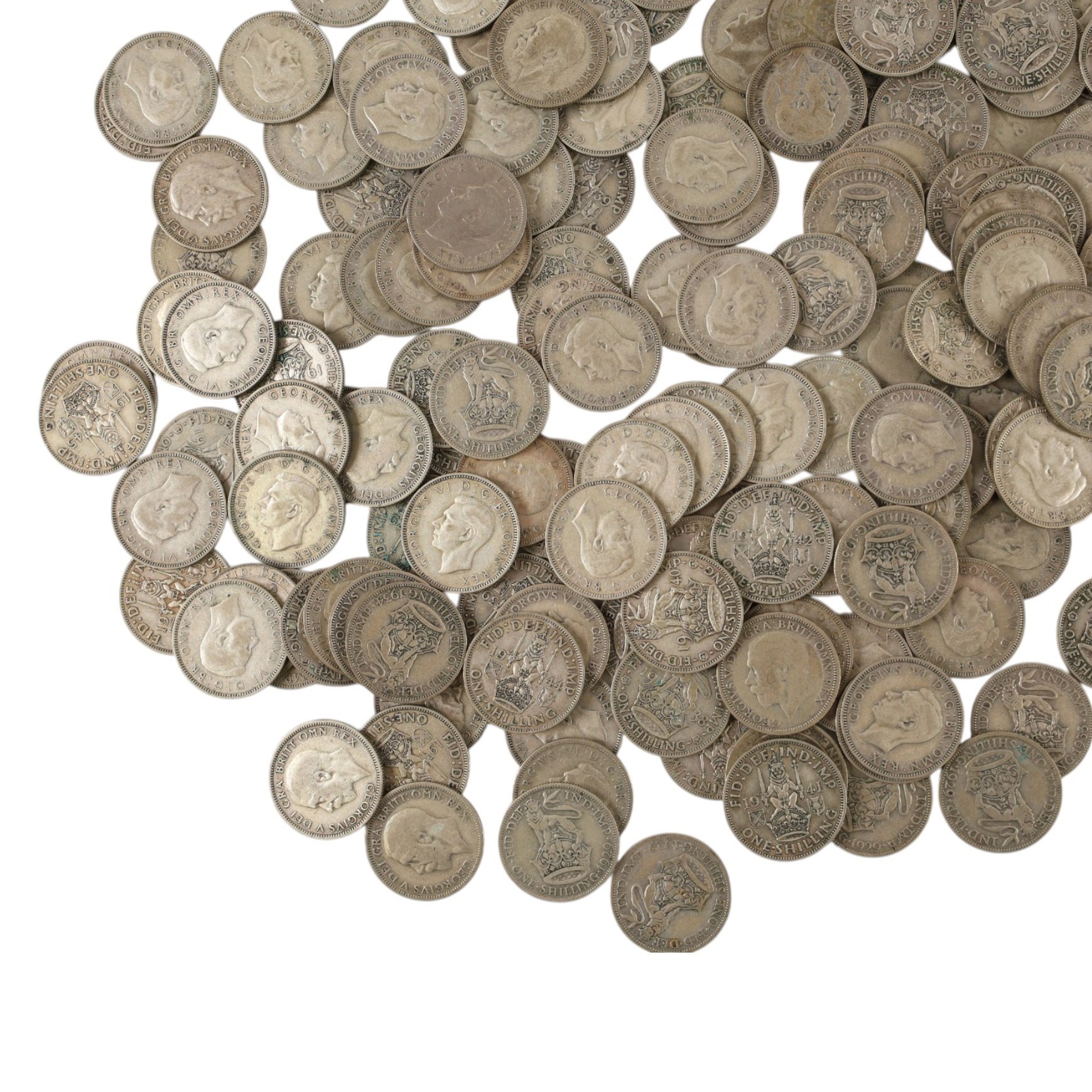 Approximately one hundred and sixty Great British pre-1947 silver one shilling coins