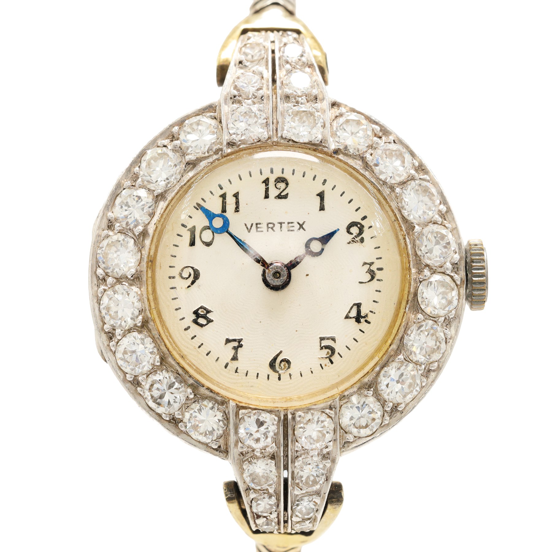 Vertex Supreme ladies platinum and 9ct white gold diamond manual wind wristwatch, silvered / white dial with Arabic hour markers, the bezel set with thirty-two round brilliant cut diamonds, stamped Platinum, on a white gold snake bracelet, Birmingham 1967, total diamond weight approx 1.60 carat