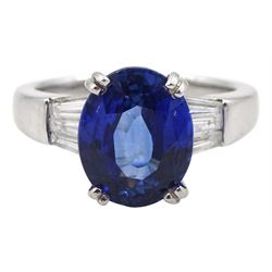 18ct white gold oval sapphire ring, with tapered baguette diamond shoulders, sapphire approx 4.15 carat