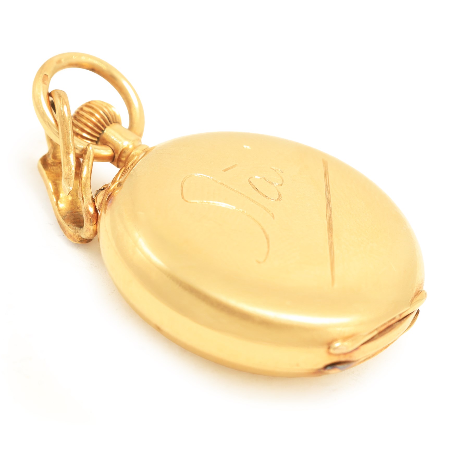 Early 20th century 18ct gold half hunter keyless lever fob watch by Asprey, white enamel dial with Arabic hour markers, the back case engraved with name stamped 18K with Helvetia hallmark, on 15ct gold pearl pendant