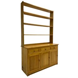 Treske - ash dresser, raised three height plate rack over three drawers and three panelled cupboards