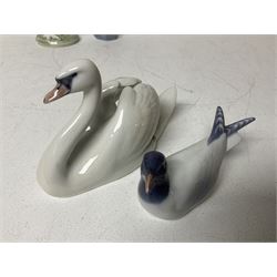 Seven Royal Copenhagen figures, including Arctic tern no 827, Swan no 755, Kingfisher no 2257 etc, together with Royal Copenhagen dish