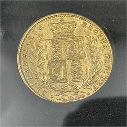 Queen Victoria 1854 gold full sovereign coin, 'The Shipwreck Sovereign', housed in a display case with information leaflet