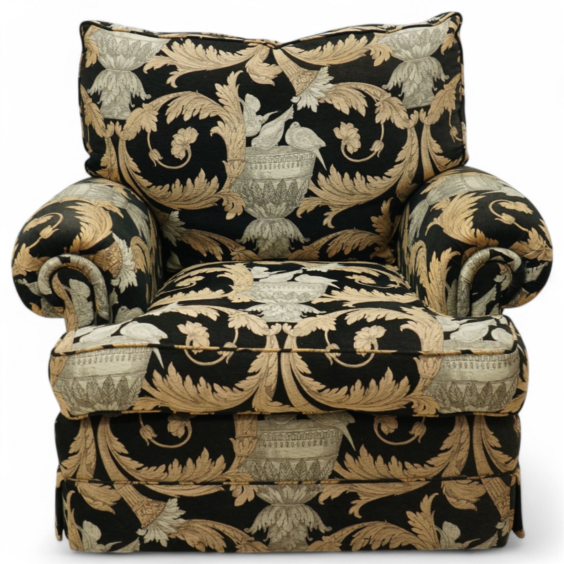 Duresta - hardwood-framed armchair, of traditional shaped with rolled arms, upholstered in arabesque pattern fabric decorated with urns and birds 