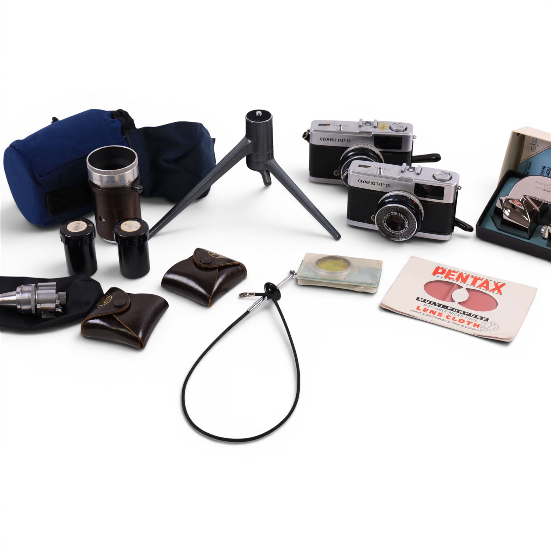 Camera accessories including Leitz projector lens, etc and two Olympus trip 35mm cameras