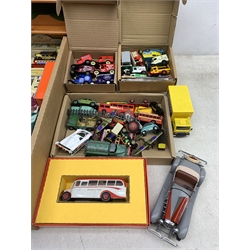  Collection of boxed diecast vehicles comprising Corgi ltd. ed. Bedford OB Coach, Lledo 'The Royal Air Force Groud Crew Support set', 'North Yorkshire Moors Railway', Franklin Mint Duesenberg 1935 model, some loose Matchbox vans, some earlier diecast etc and pine display shelf   