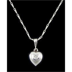 9ct white gold single stone diamond, heart pendant necklace by Peter Brewer, Scarborough, hallmarked Sheffield 2006