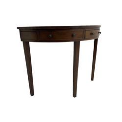 19th century mahogany demi-lune side console table, crossbanded top, fitted with single drawer and two false drawers